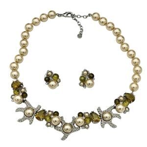 Vintage Monet Earrings And Necklace Set Green Crystal & Faux Pearl Starfish Rare